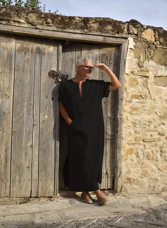 COOFANDY Men's V-Neck Linen Robe Short Sleeve Kaftan Thobe Long Gown Casual Shirt for Beach, Summer Black - Image 2